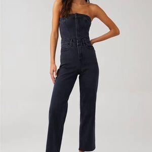 Good American Black Denim Strapless Overalls